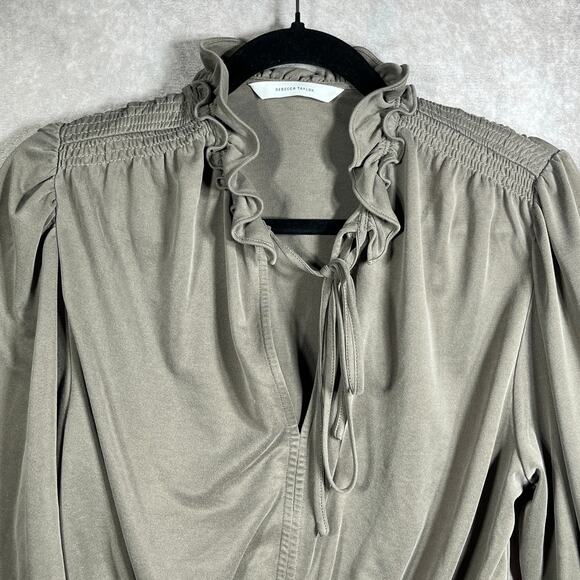 Rebecca Taylor Blouse Womens Medium Gray Peplum Hem Long Sleeve Ruffle Tie Neck - Picture 2 of 12